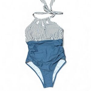 Swimsuit NEW Halter Top adjustable Blue & White lined Aimage small